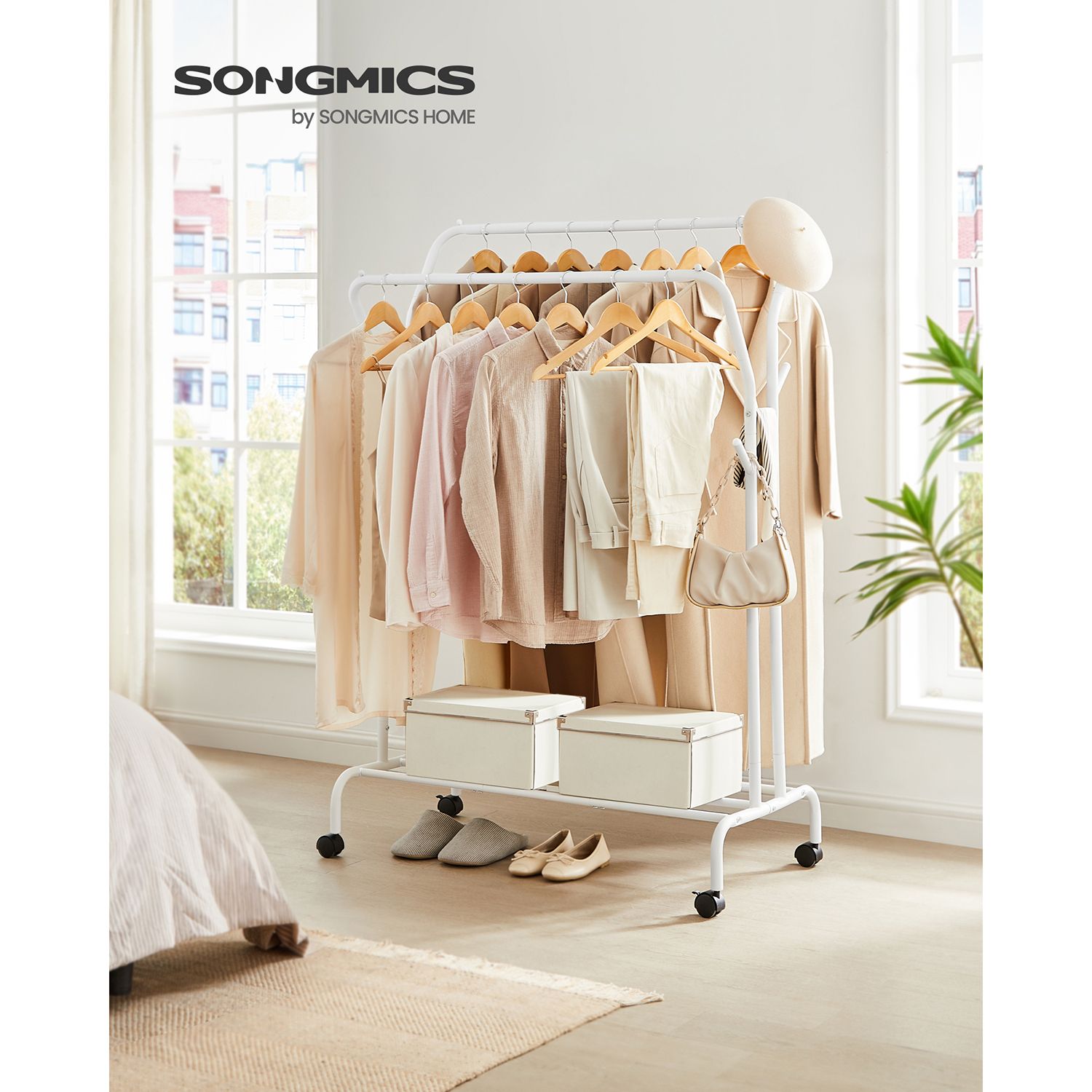 Rullbart klesstativ med dobbel stang, høy belastningskapasitet 100 kg – 103,5 × 52,5 × 155 cm