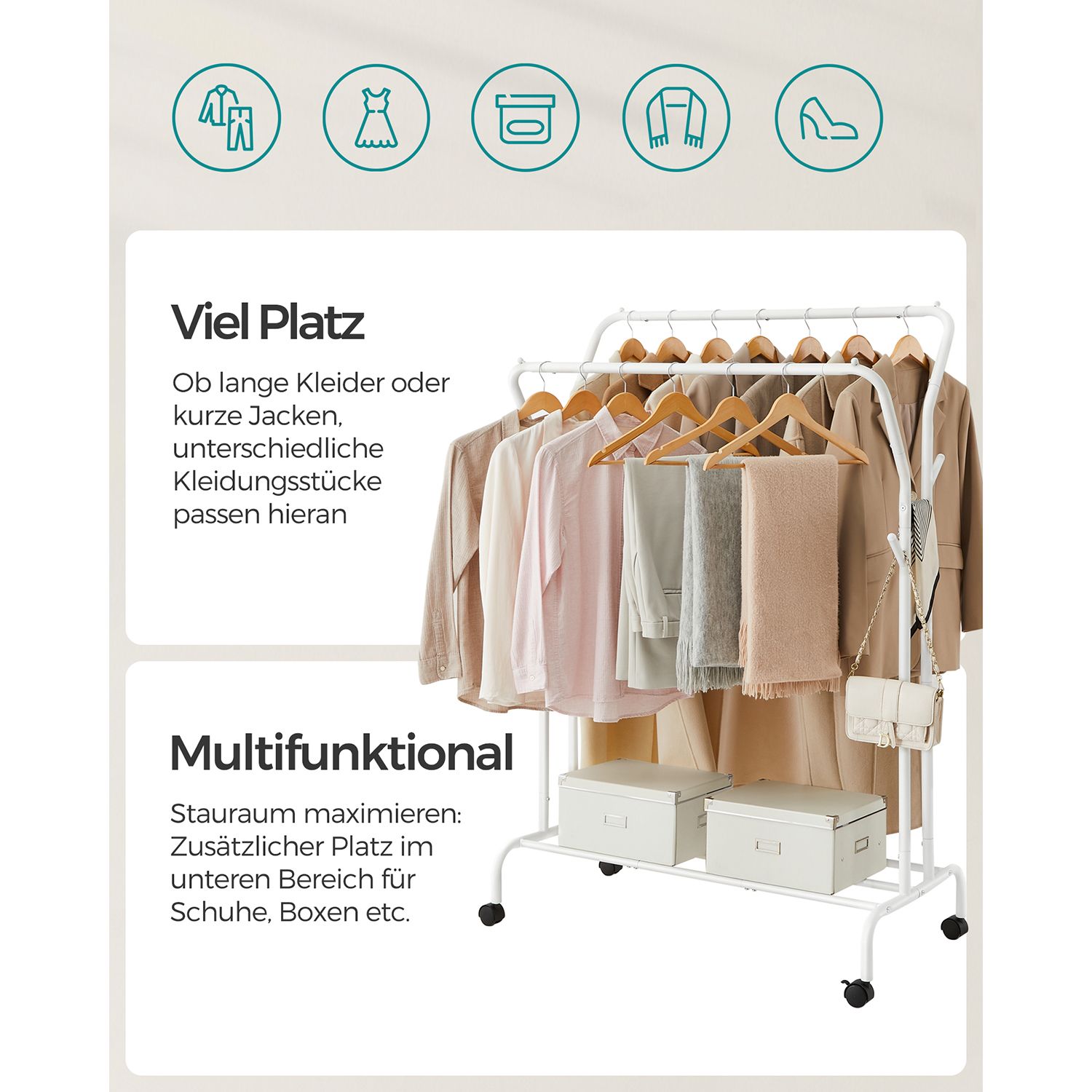 Rullbart klesstativ med dobbel stang, høy belastningskapasitet 100 kg – 103,5 × 52,5 × 155 cm