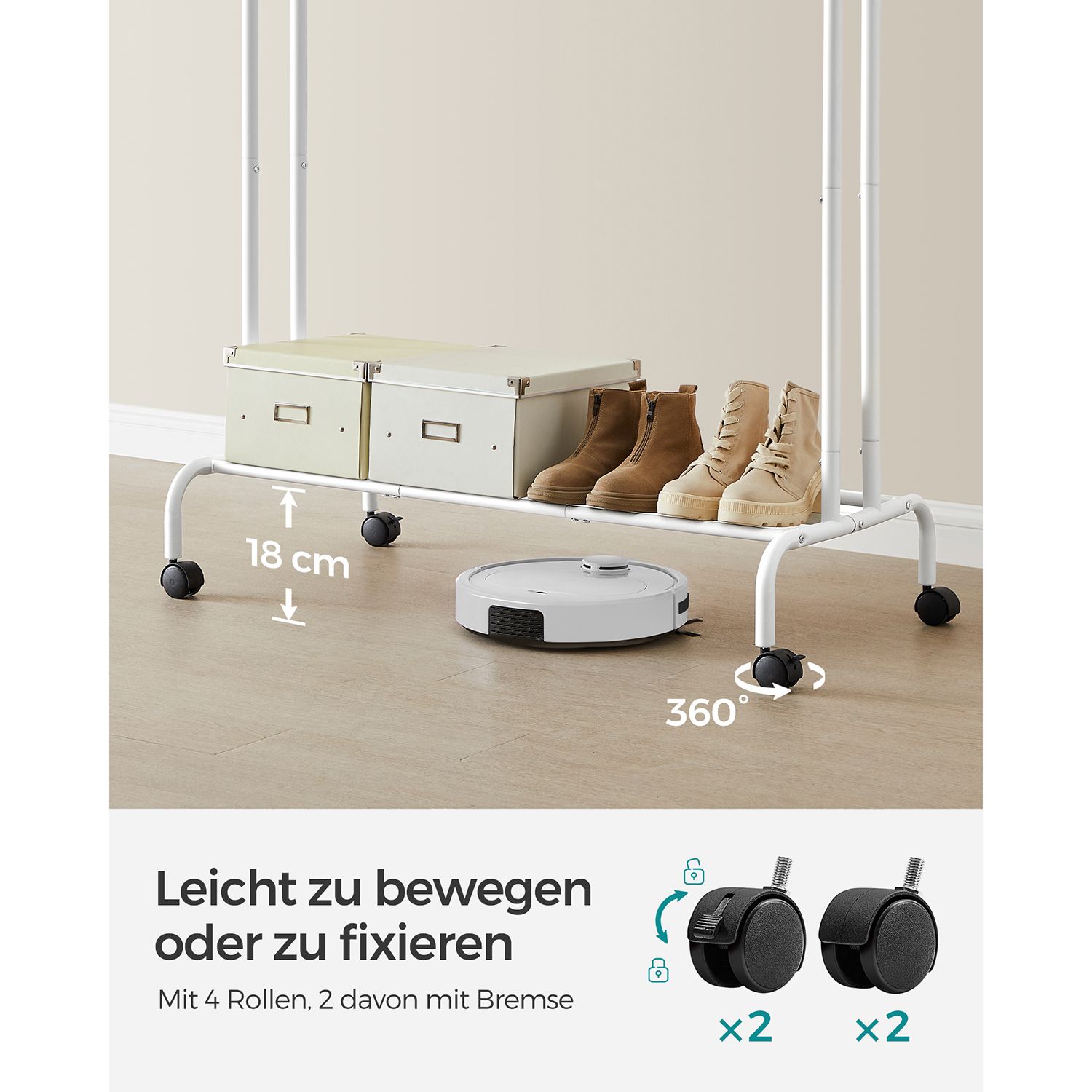 Rullbart klesstativ med dobbel stang, høy belastningskapasitet 100 kg – 103,5 × 52,5 × 155 cm