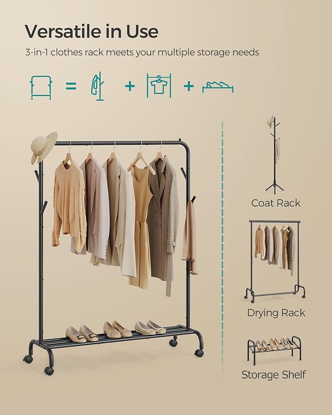 Svart klesstativ på hjul med hylle og sidekroker – 103 cm bredt, maks 50 kg