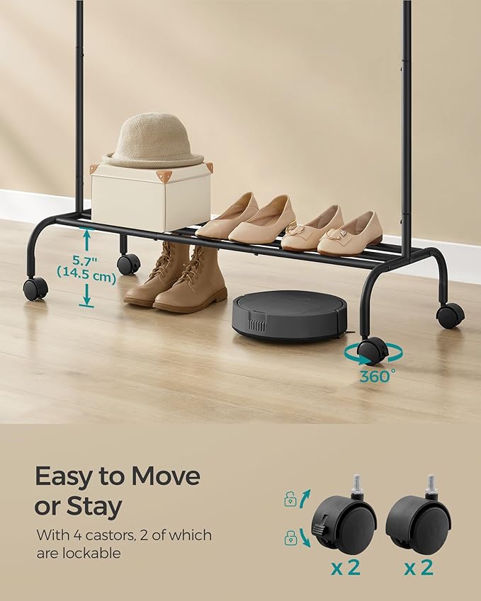 Svart klesstativ på hjul med hylle og sidekroker – 103 cm bredt, maks 50 kg