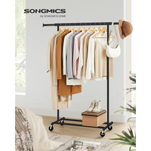 Svart rullbart klesstativ med uttrekkbar klesstang i metall, 90 kg maks belastning