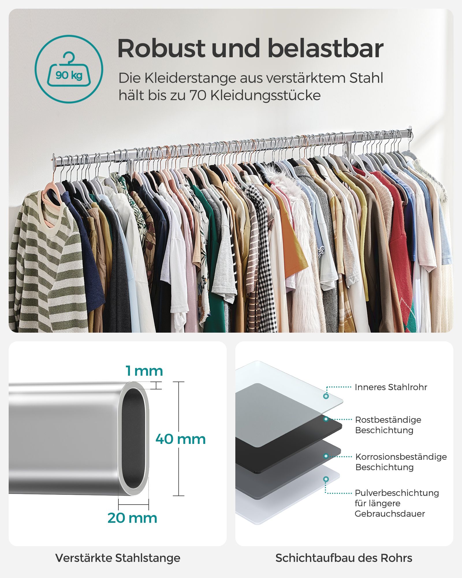 Rullbart klesstativ i metall med uttrekkbar stang – maks 90 kg