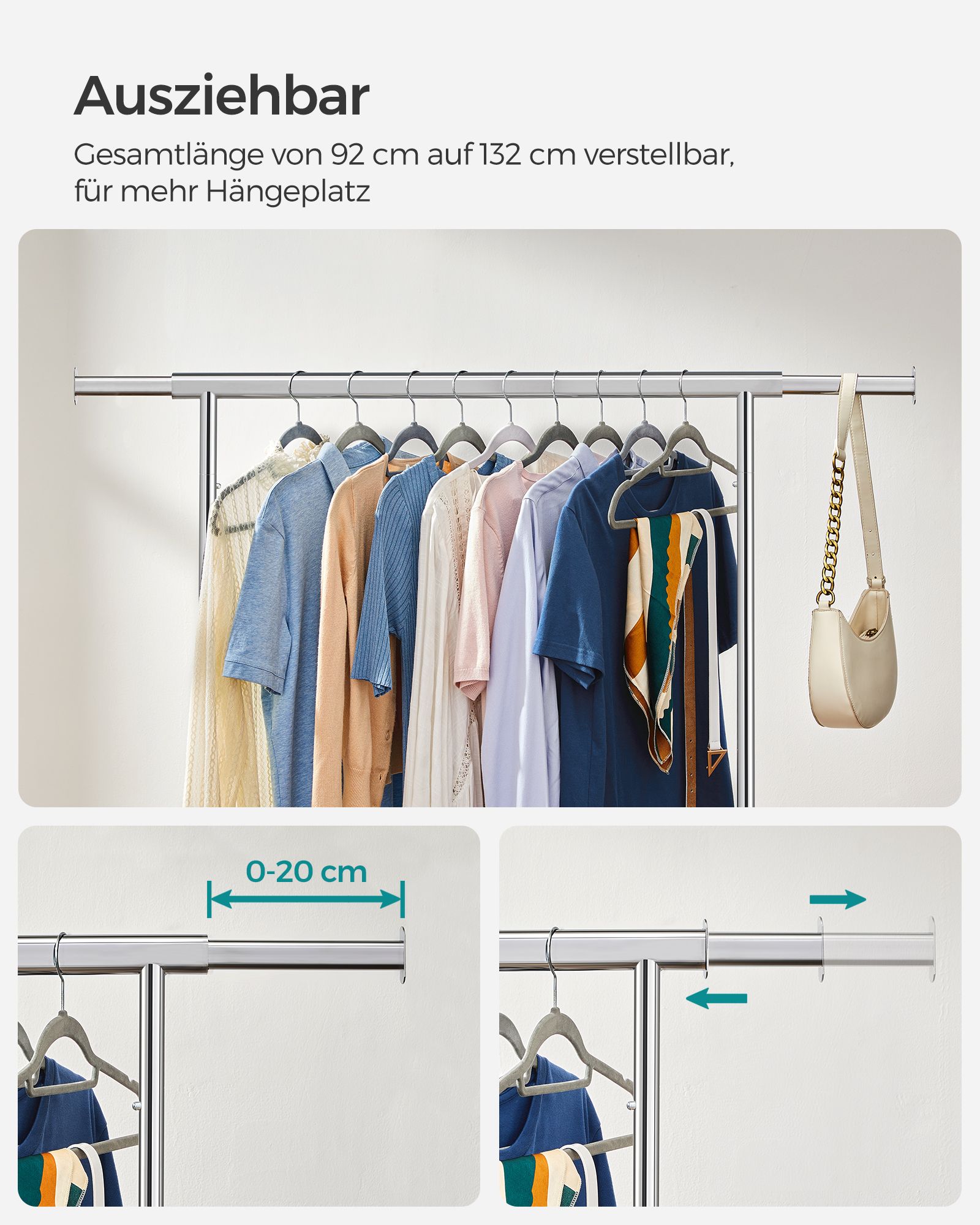 Rullbart klesstativ i metall med uttrekkbar stang – maks 90 kg