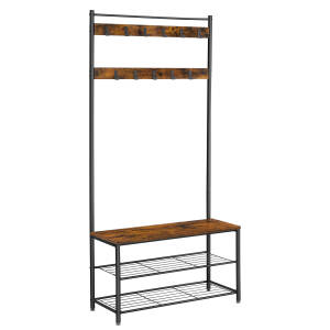 Klesstativ til gangen med benk og skohylle – 32 x 85 x 175 cm, vintage brun