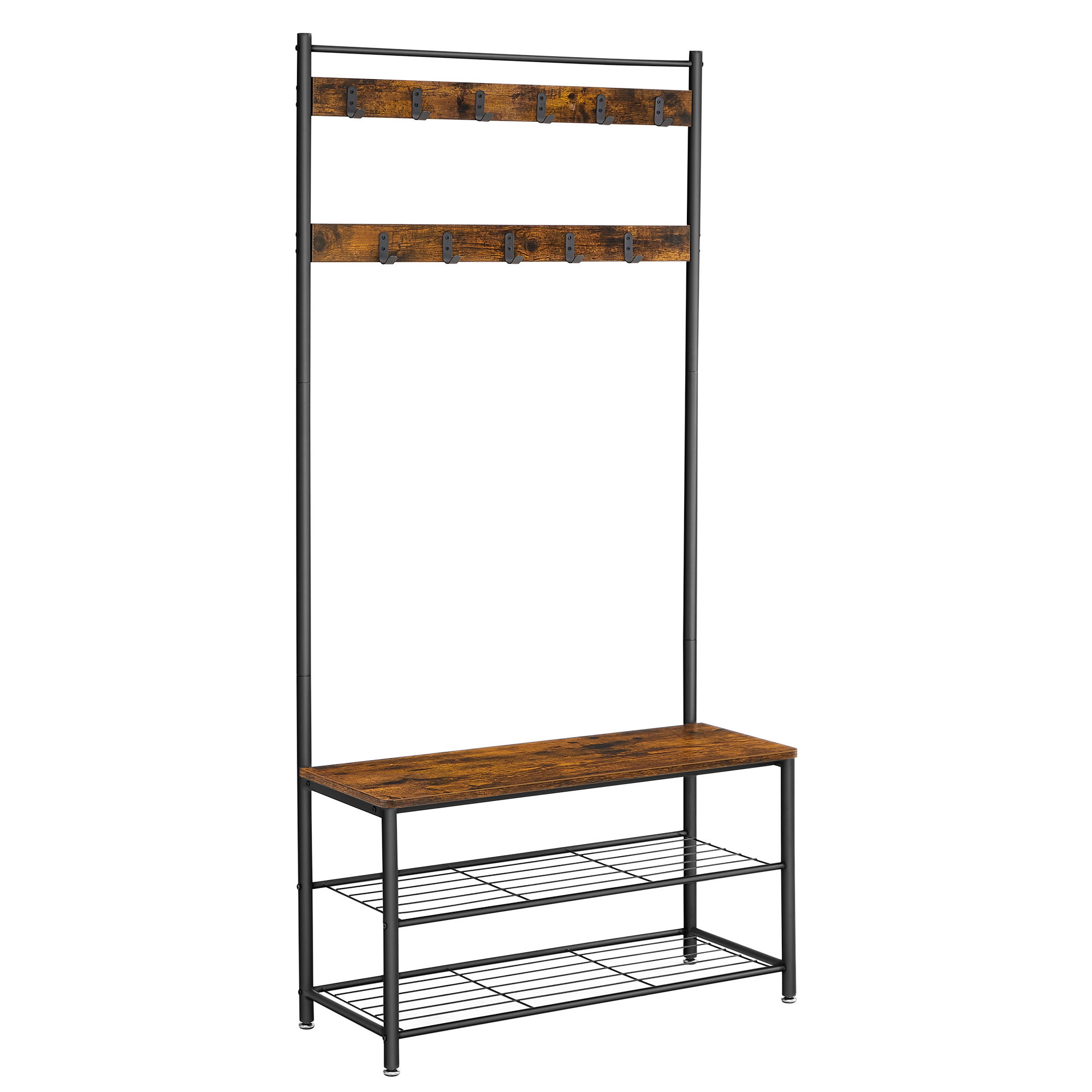 Klesstativ til gangen med benk og skohylle – 32 x 85 x 175 cm, vintage brun