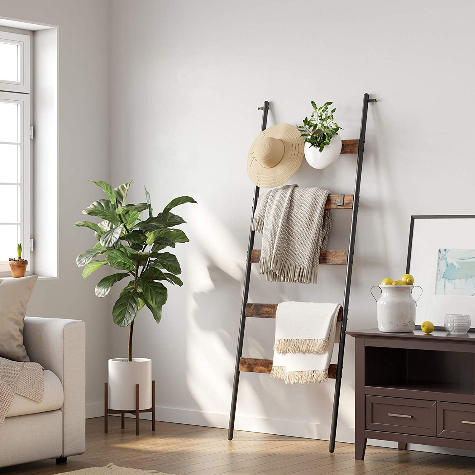 Håndklestativ i stige-design med 4 kroker, brun-svart vintage, 65 × 178 cm