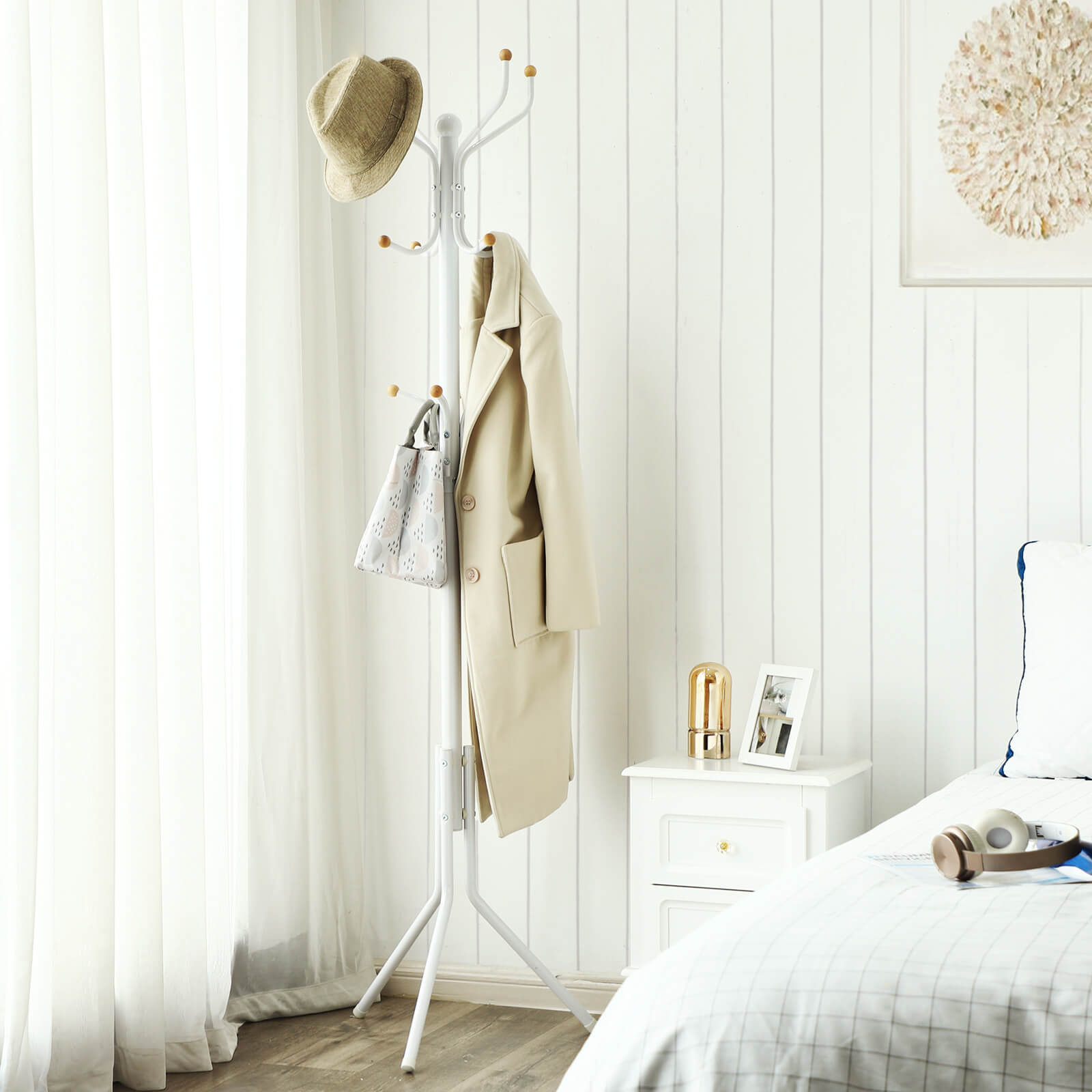 Tamburmajor i metall 182 cm – hvit og eik