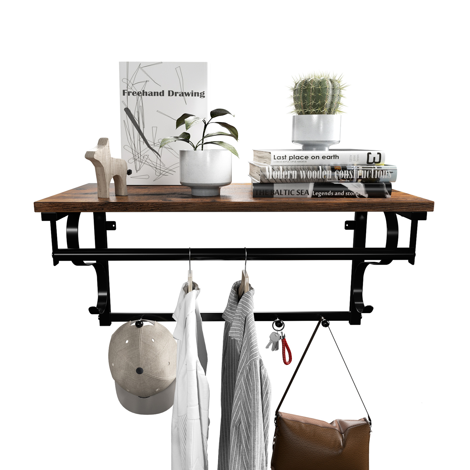 Vegghylle med klesstang 66 × 30 cm – oppbevaringshylle