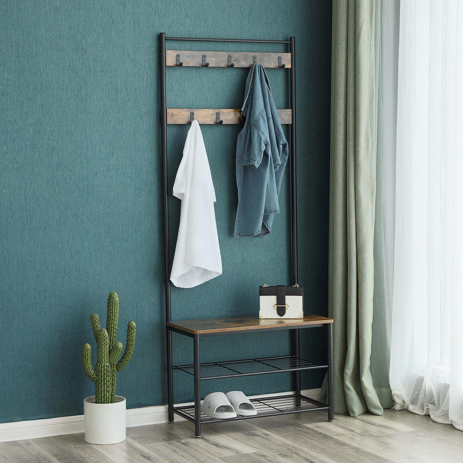 Kombinert klesstativ og skohylle – vintage brun-svart