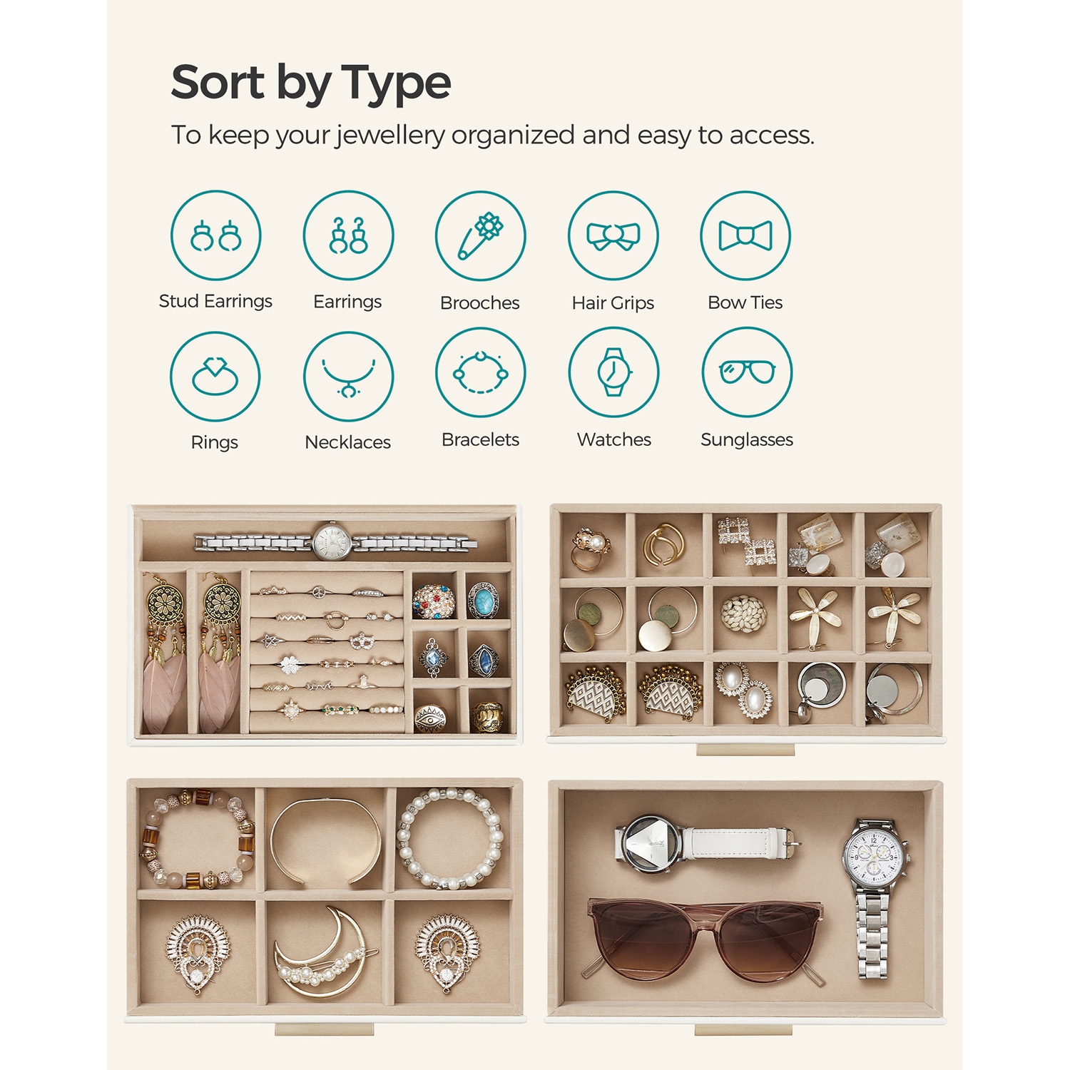 Hvitt smykkeskrin i 4 lag med glasslokk, 15,3 × 25,1 × 21,5 cm