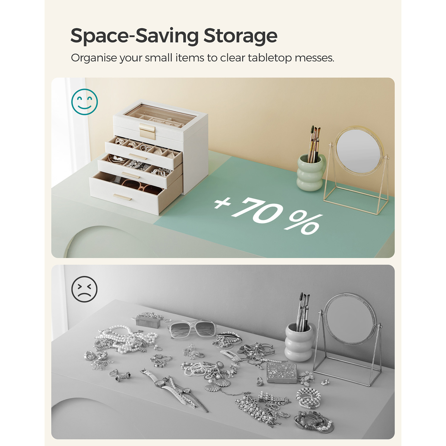 Hvitt smykkeskrin i 4 lag med glasslokk, 15,3 × 25,1 × 21,5 cm