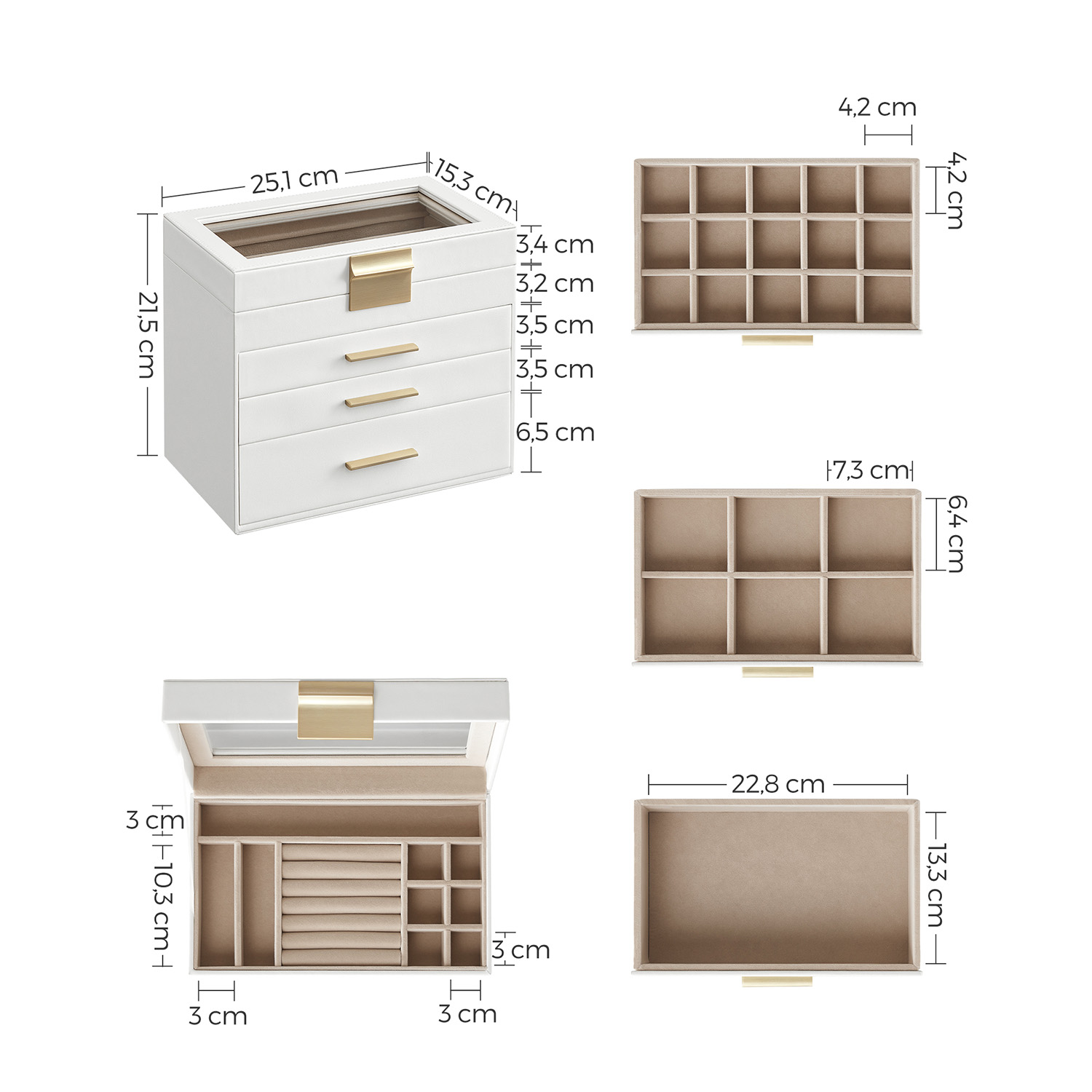 Hvitt smykkeskrin i 4 lag med glasslokk, 15,3 × 25,1 × 21,5 cm