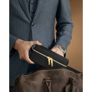 Reiseetui for 3 klokker med 3 rom – RONNE Collection, skinn i blekksvart med skifergrått fôr