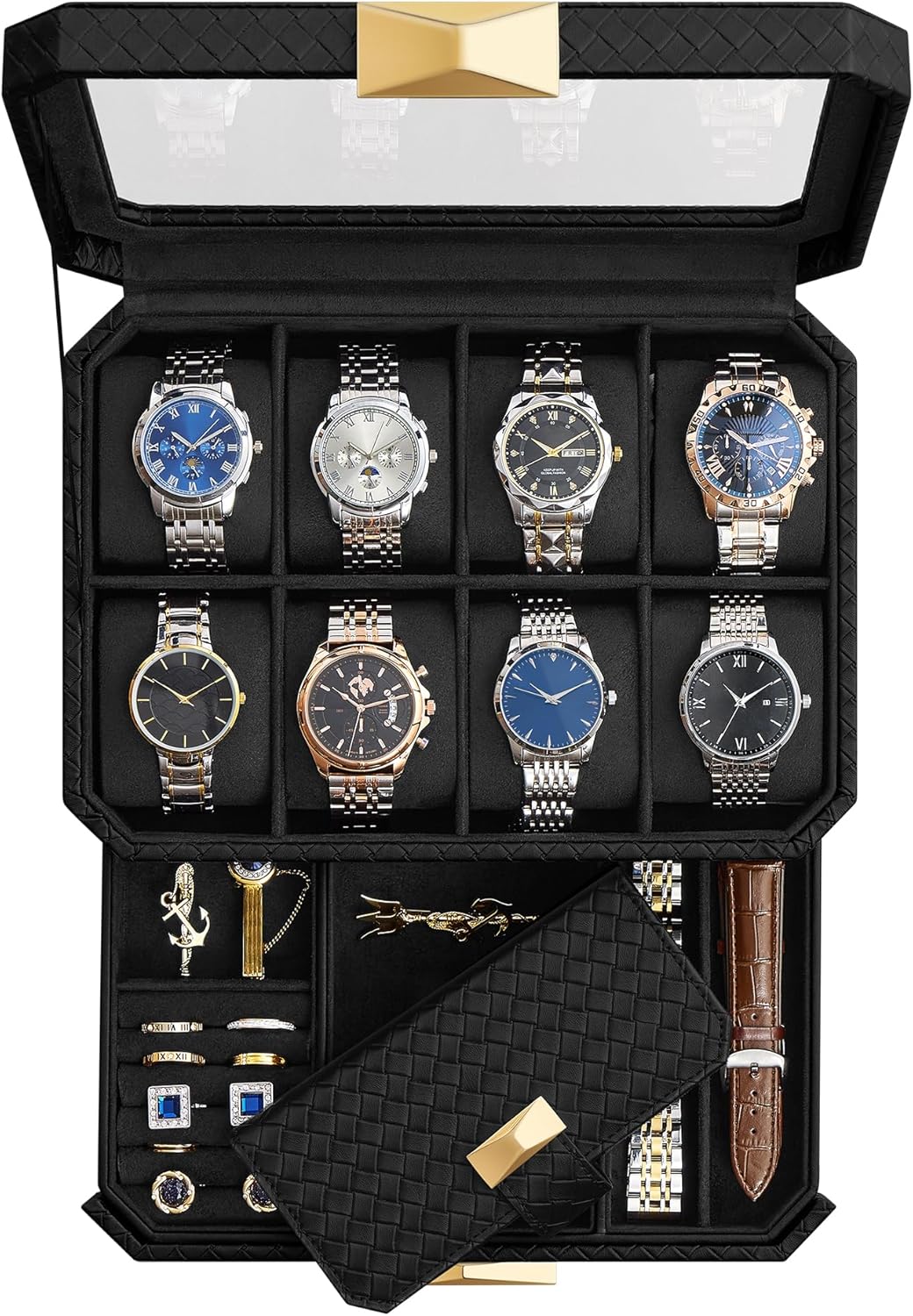 Klokke- og smykkeskrin med glasslokk – 8 rom, 2 nivåer, lås, PU-skinn blekksvart, reiseetui inkludert