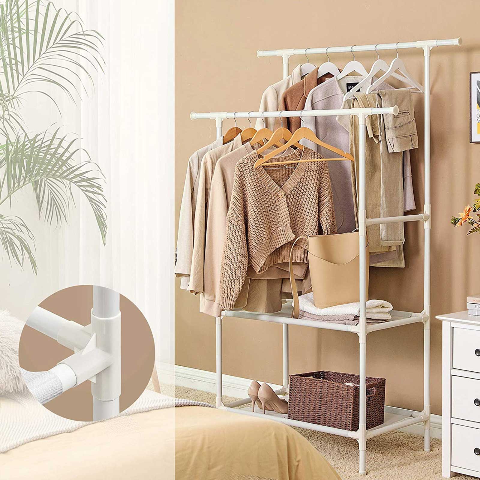 Dobbel klesstativ i metall med oppbevaringshyller, 70 kg kapasitet