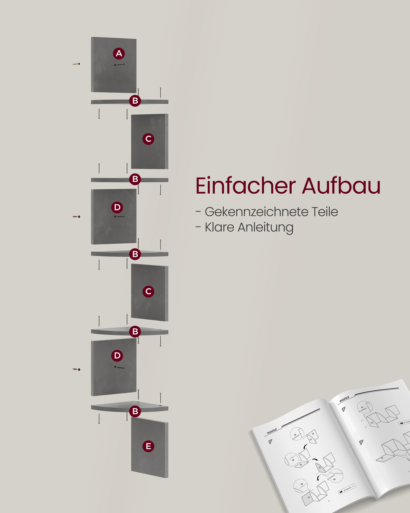 Sikksakk hjørnehylle til vegg, 5 nivåer – grå, 20 × 20 × 126 cm