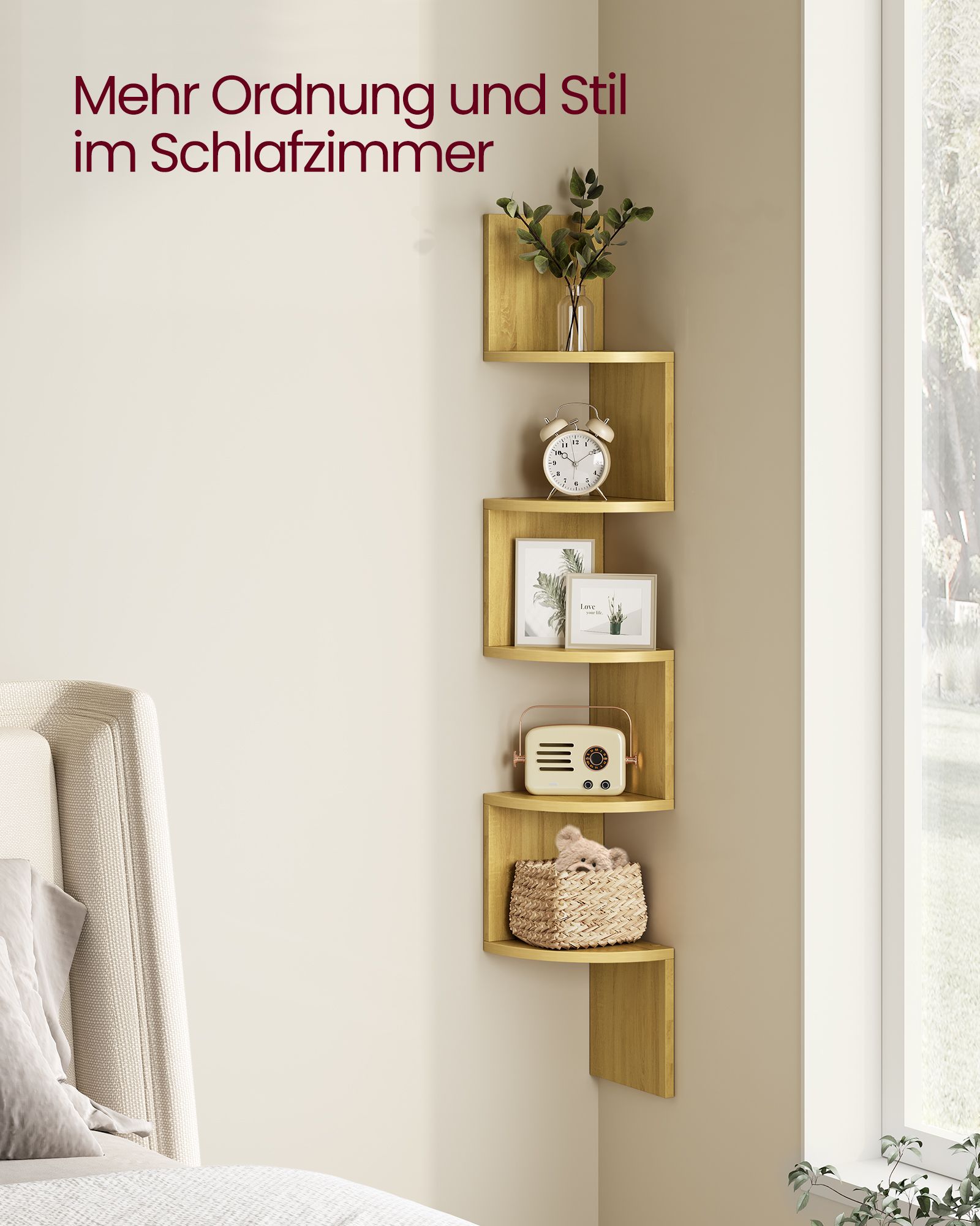 Sikksakk hjørnehylle til vegg, 5 nivåer – naturlig eik