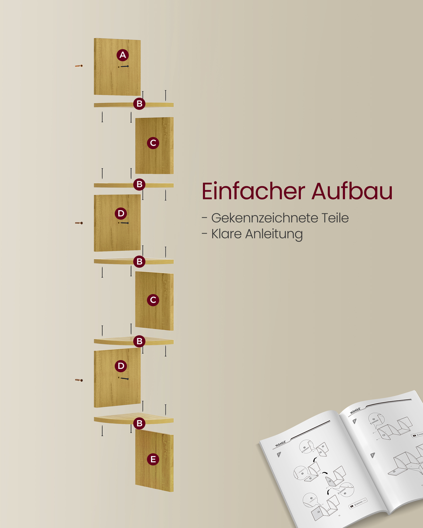 Sikksakk hjørnehylle til vegg, 5 nivåer – naturlig eik