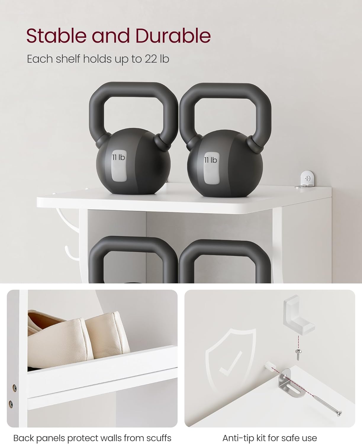 Hvit skohylle i tre med 7 nivåer, 2 kroker, 30 × 26,4 × 110,4 cm