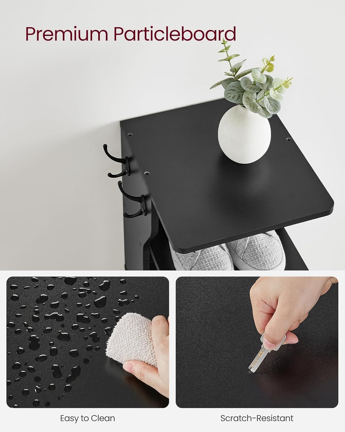 Svart skohylle i tre med 7 nivåer, 2 kroker, 30 × 26,4 × 110,4 cm