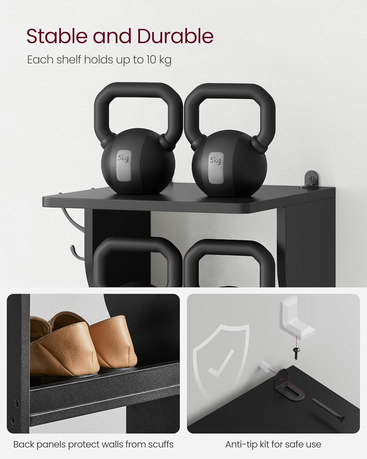 Svart skohylle i tre med 7 nivåer, 2 kroker, 30 × 26,4 × 110,4 cm