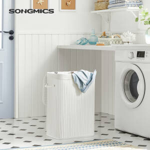 Hvit bambus skittentøyskurv 72 L med avtakbar og vaskbar innerpose