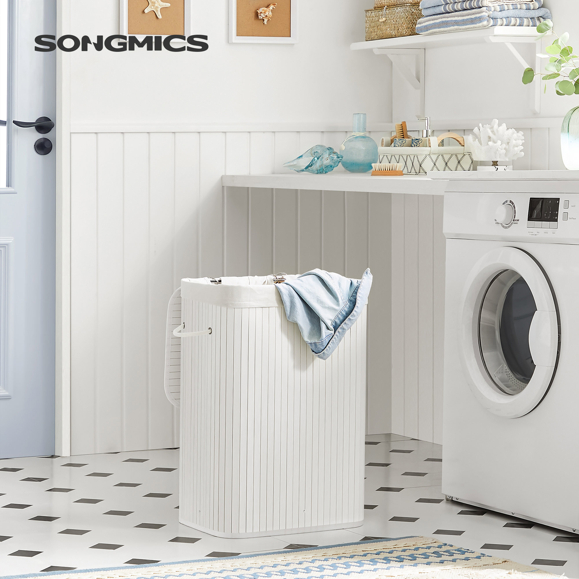 Hvit bambus skittentøyskurv 72 L med avtakbar og vaskbar innerpose