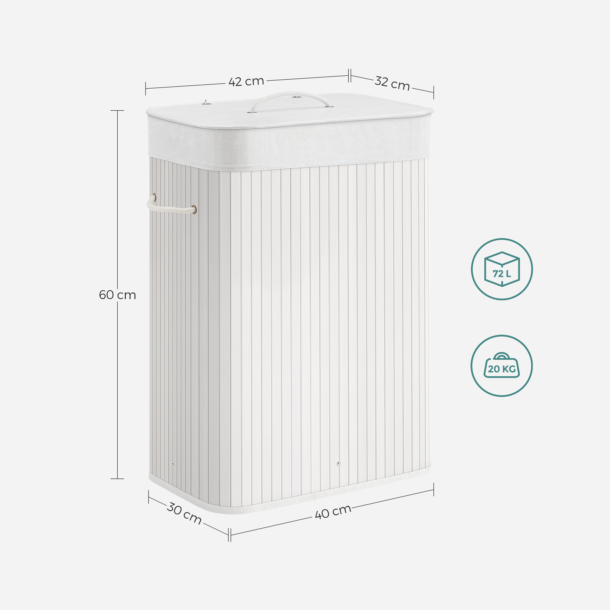 Hvit bambus skittentøyskurv 72 L med avtakbar og vaskbar innerpose