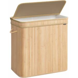Bambus skittentøyskurv med lokk, 150 L, eik, vaskbar pose med bærehåndtak