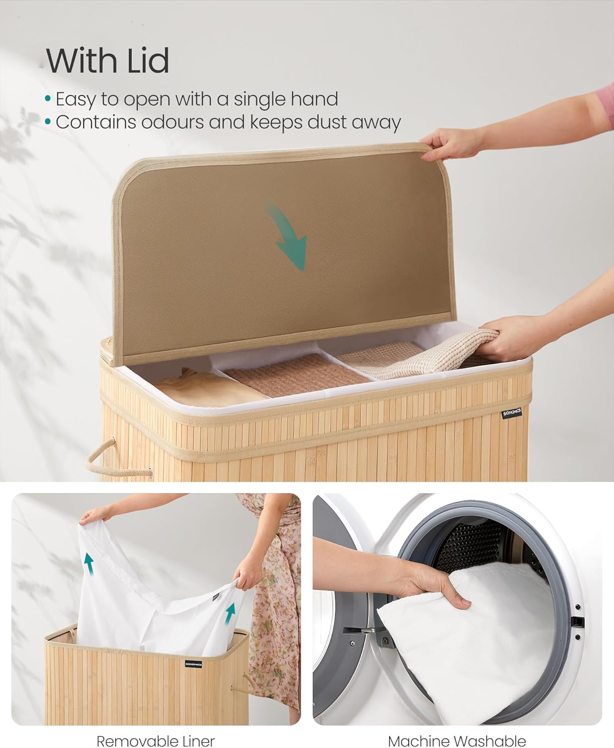 Bambus skittentøyskurv med lokk, 150 L, eik, vaskbar pose med bærehåndtak