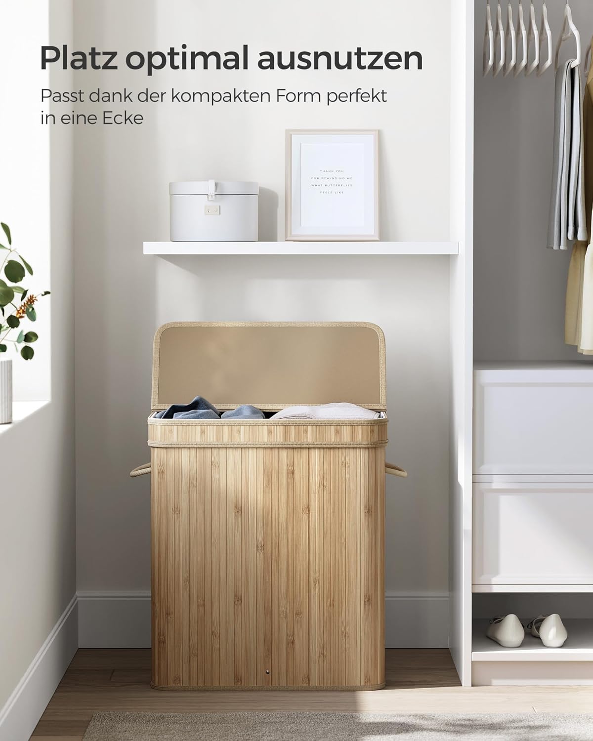 Skittentøyskurv 100 L i bambus med lokk og avtakbar vaskepose med håndtak, eik