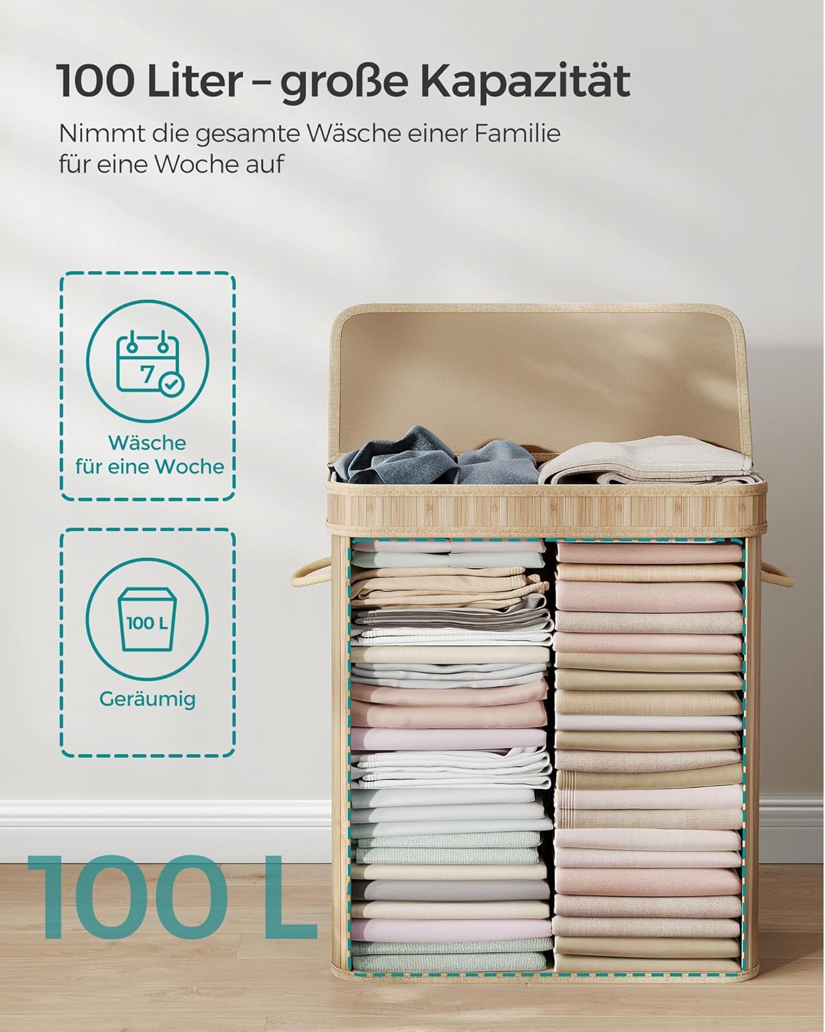 Skittentøyskurv 100 L i bambus med lokk og avtakbar vaskepose med håndtak, eik