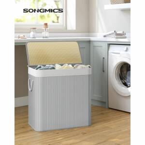 Grå skittentøyskurv i bambus, 150 L, 3-romssortering, avtakbar pose, med lokk