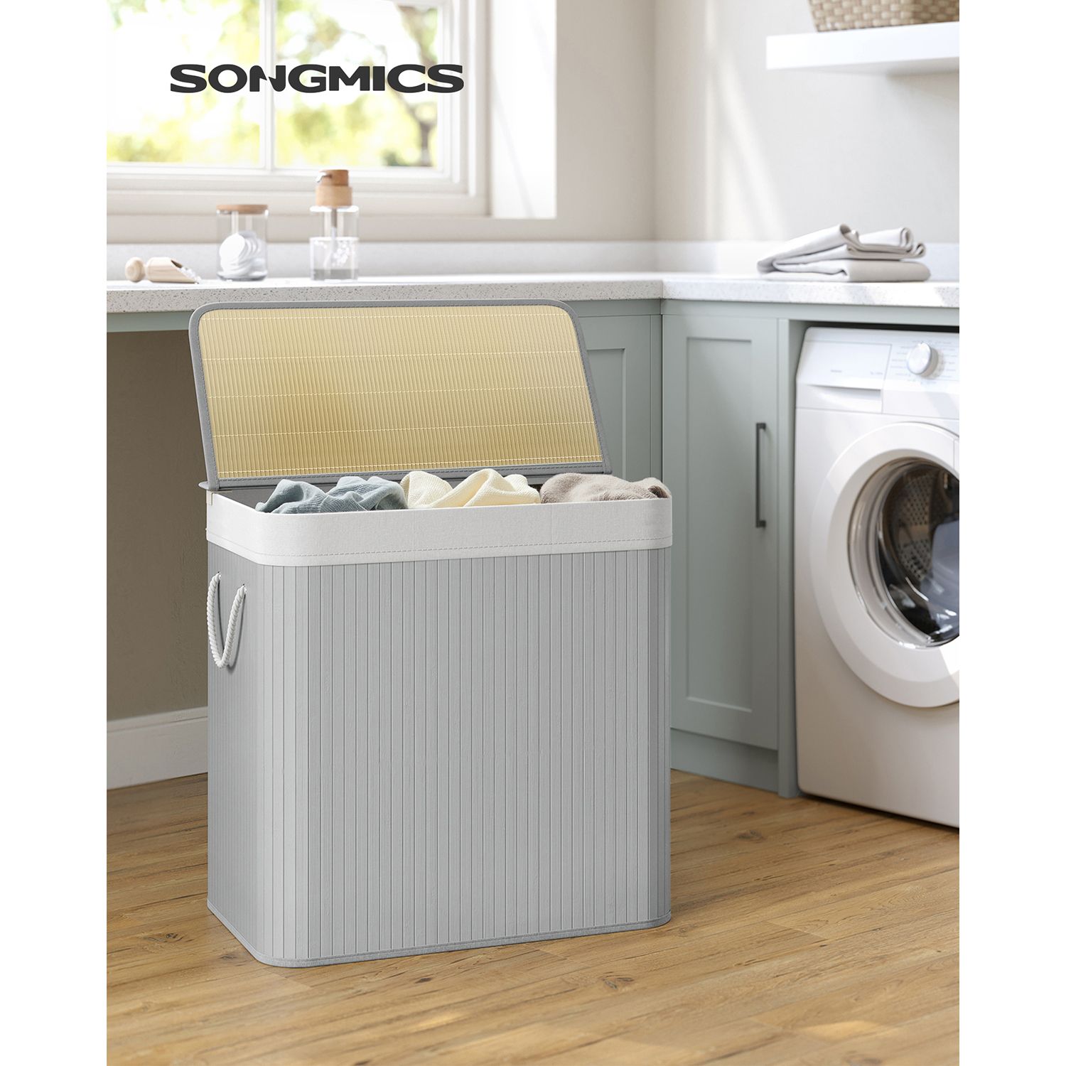 Grå skittentøyskurv i bambus, 150 L, 3-romssortering, avtakbar pose, med lokk