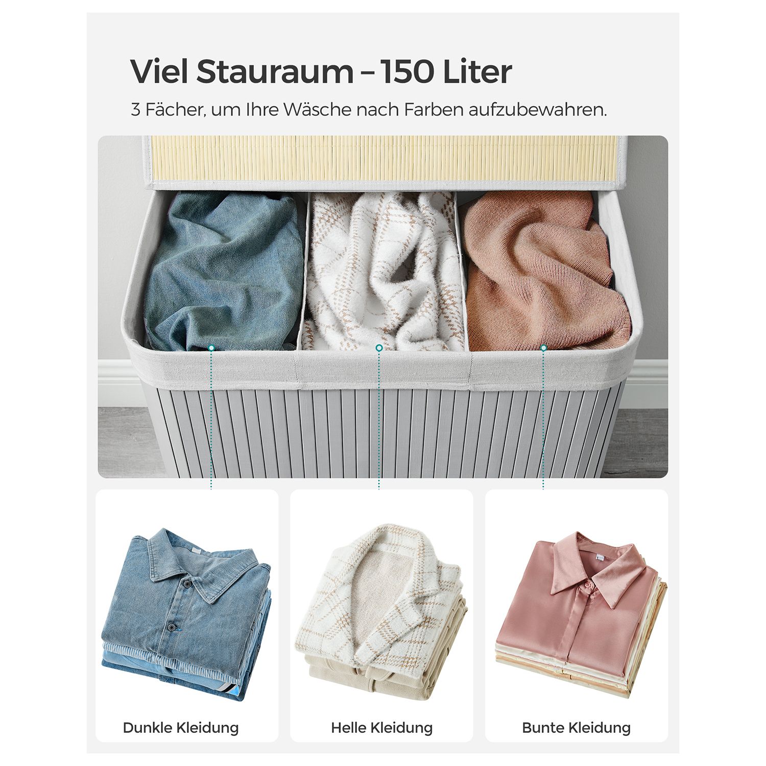 Grå skittentøyskurv i bambus, 150 L, 3-romssortering, avtakbar pose, med lokk