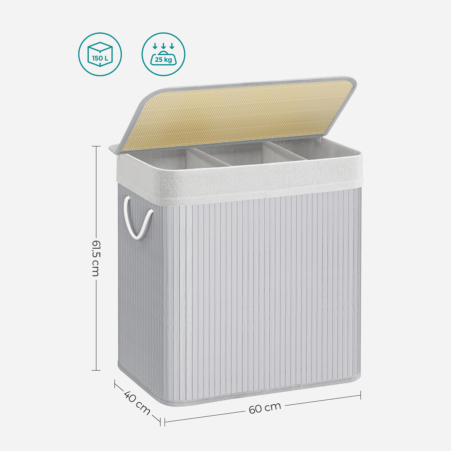 Grå skittentøyskurv i bambus, 150 L, 3-romssortering, avtakbar pose, med lokk