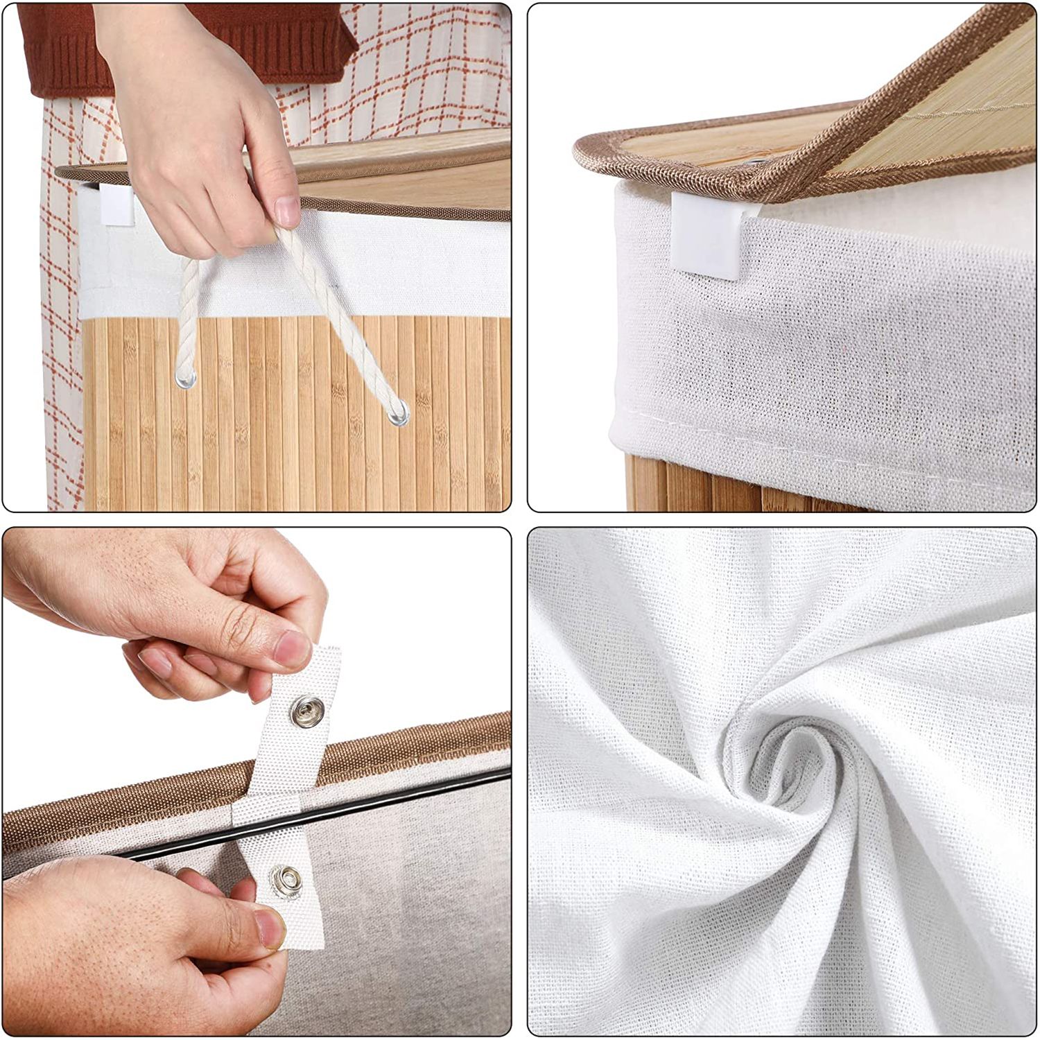 Naturlig skittentøyskurv i bambus, 150 L, 3-romssortering, vaskbar pose, med lokk