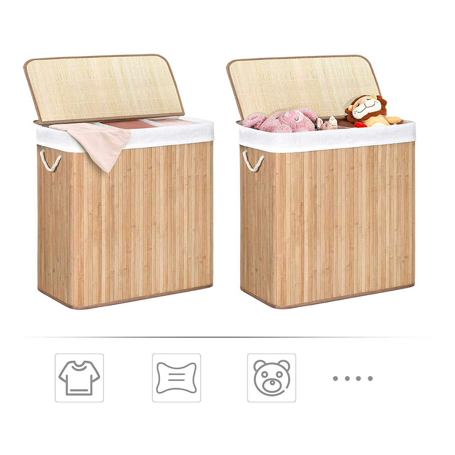 Naturlig skittentøyskurv i bambus, 150 L, 3-romssortering, vaskbar pose, med lokk
