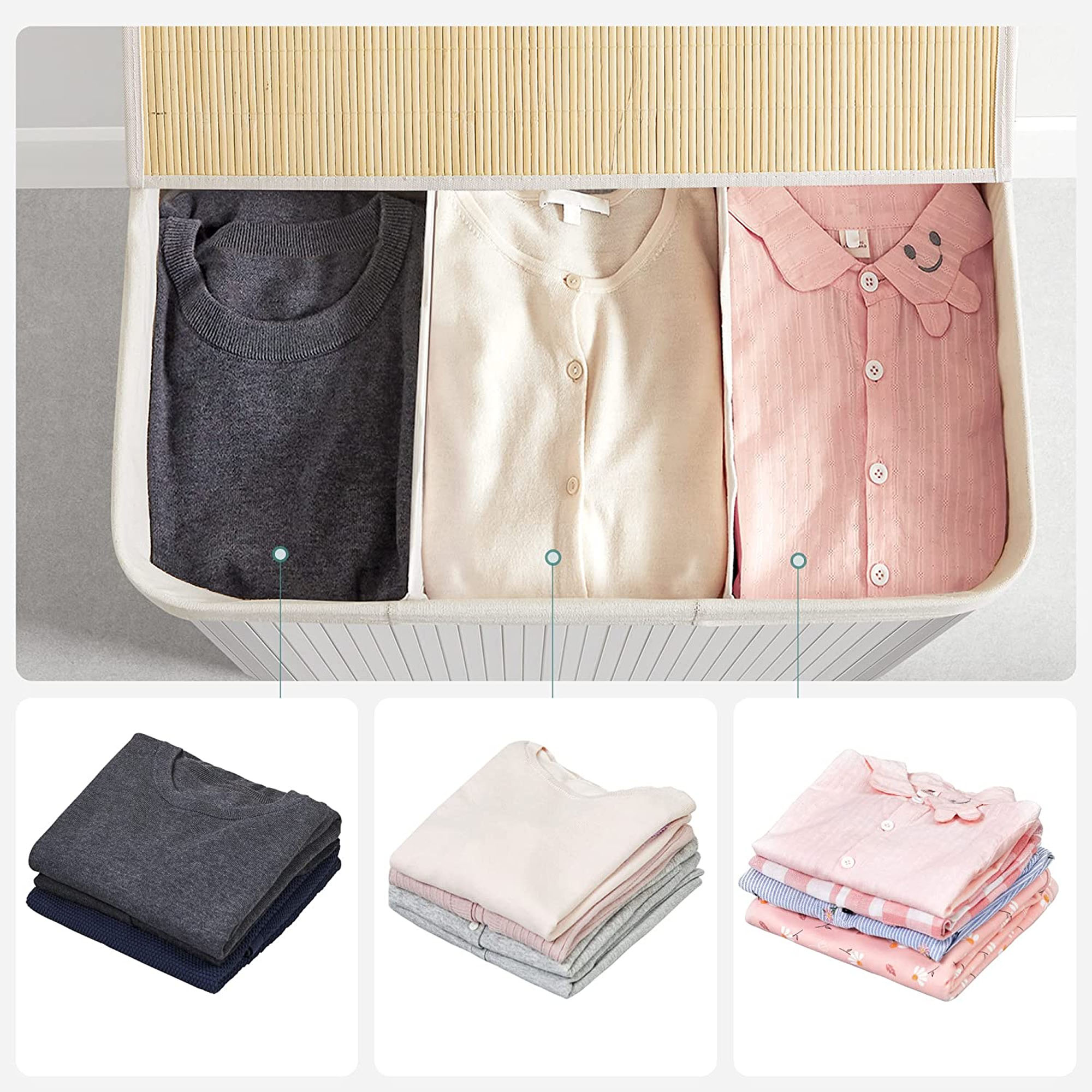 Hvit skittentøyskurv i bambus, 150 L, 3-romssortering, avtakbar pose, med lokk