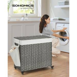 Skittentøykurv med 3 rom – 140 L, grå, på hjul med lokk og håndtak