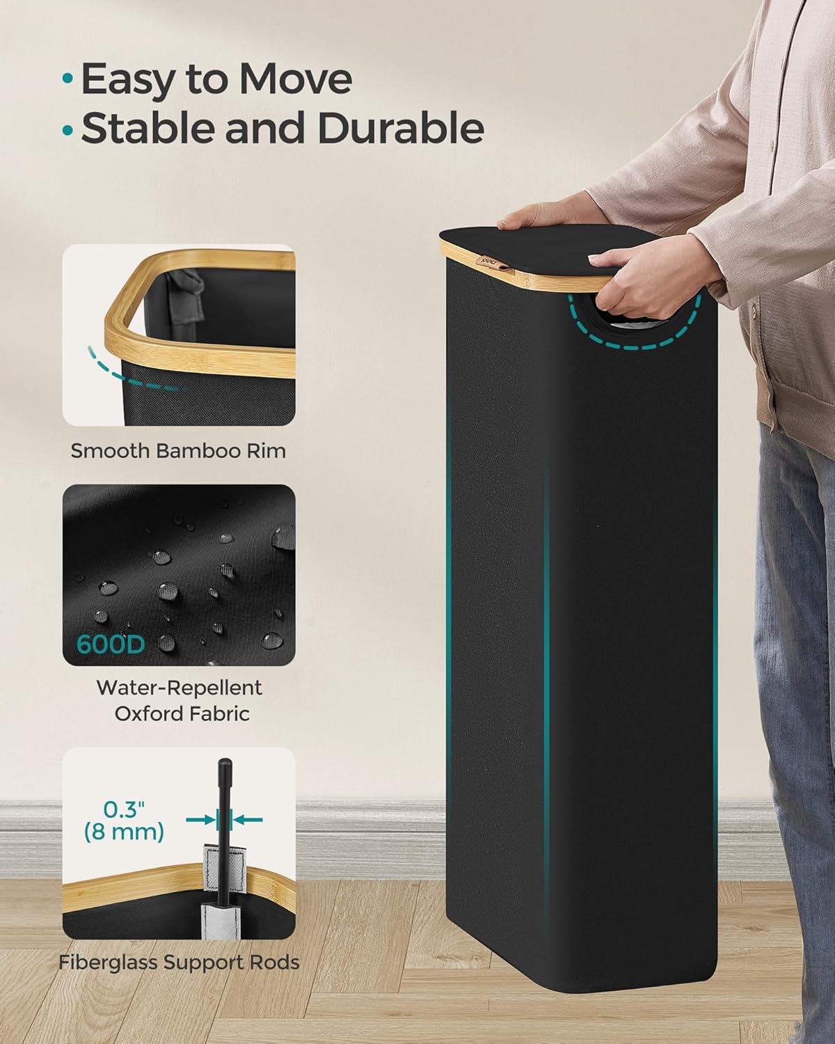 Svart skittentøyskurv 65 L med lokk og innerpose – 42 × 22,5 × 70,5 cm