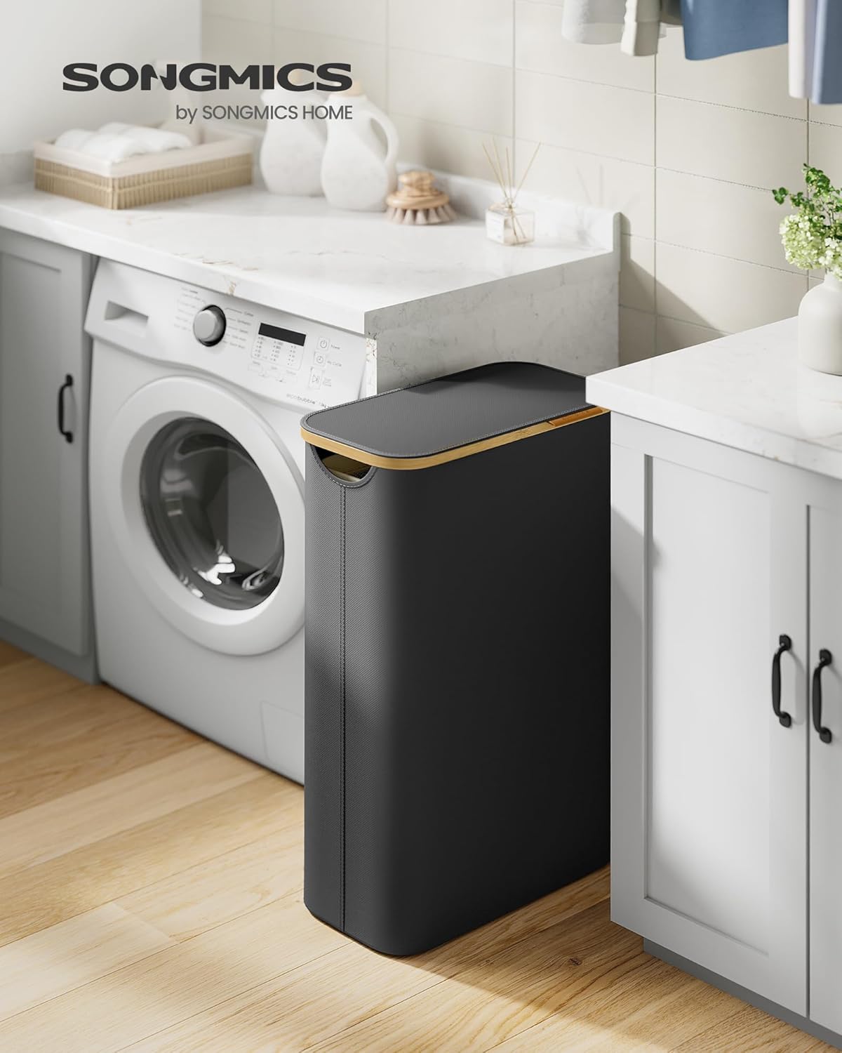 Svart skittentøyskurv 65 L med lokk og innerpose – 42 × 22,5 × 70,5 cm