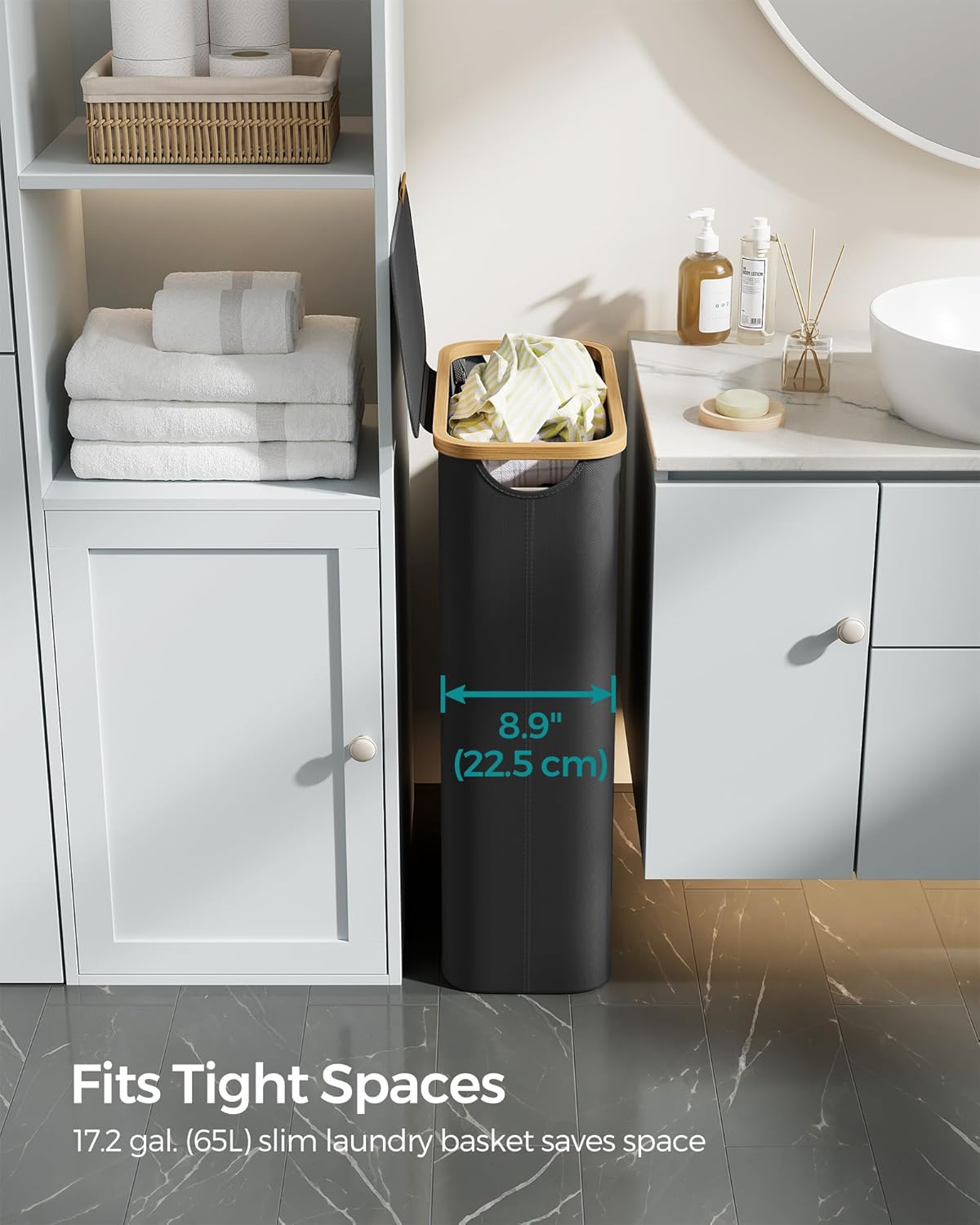 Svart skittentøyskurv 65 L med lokk og innerpose – 42 × 22,5 × 70,5 cm