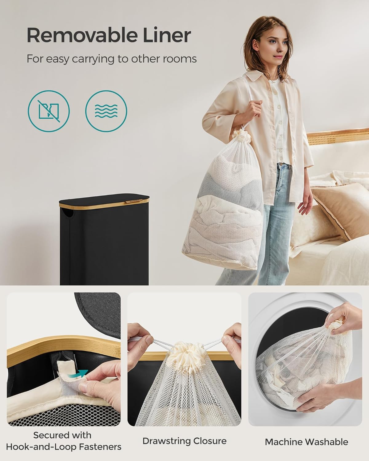 Svart skittentøyskurv 65 L med lokk og innerpose – 42 × 22,5 × 70,5 cm