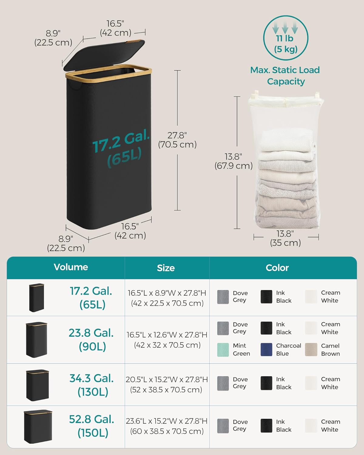 Svart skittentøyskurv 65 L med lokk og innerpose – 42 × 22,5 × 70,5 cm