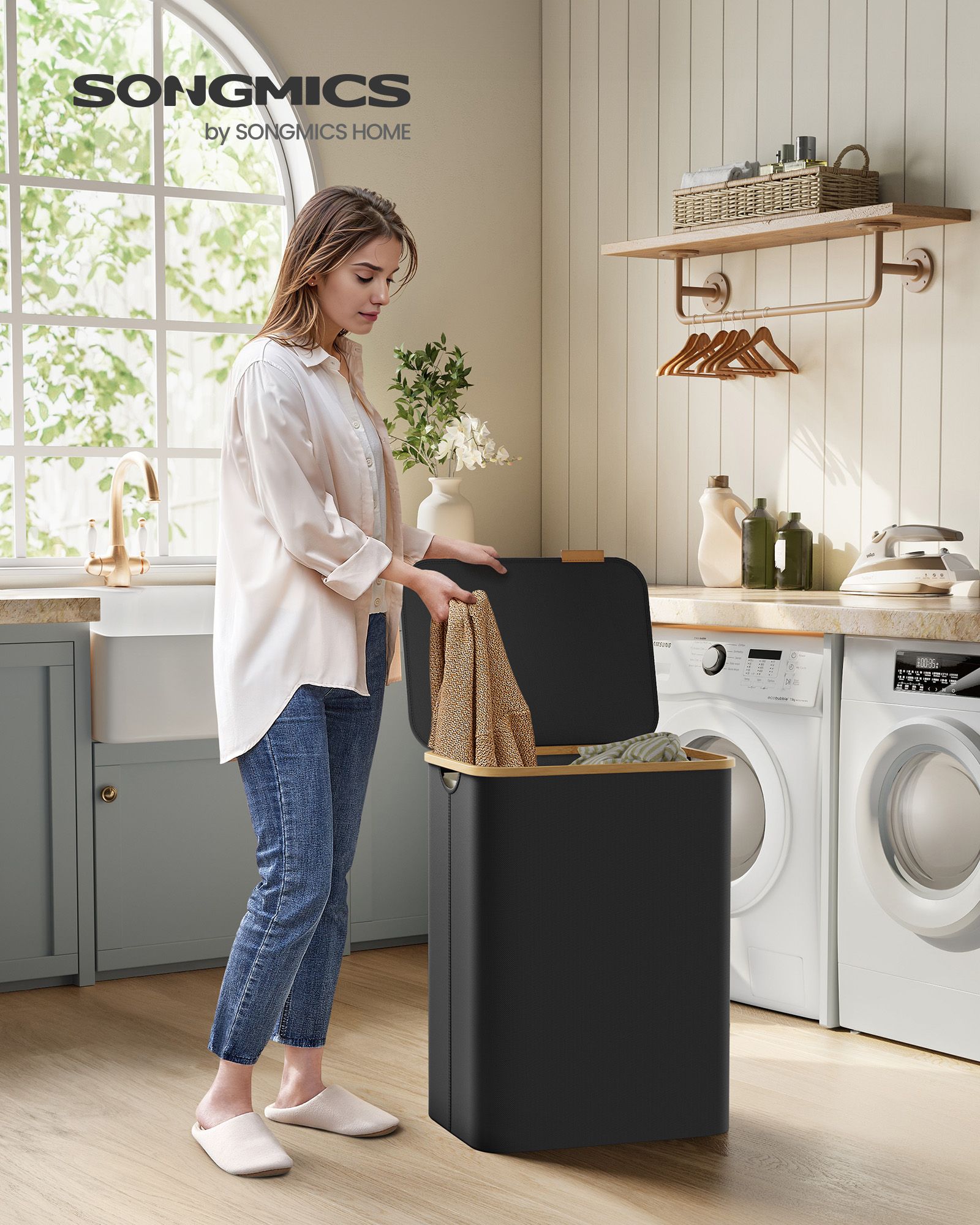 Dobbel skittentøyskurv med lokk 130 L – svart