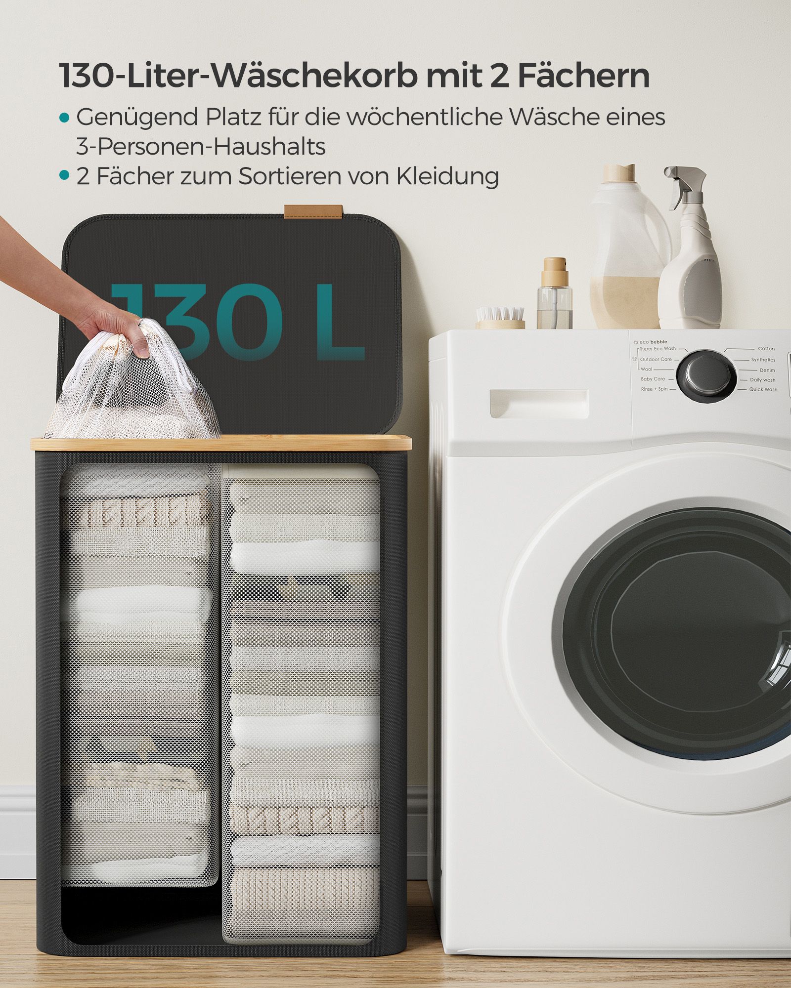 Dobbel skittentøyskurv med lokk 130 L – svart