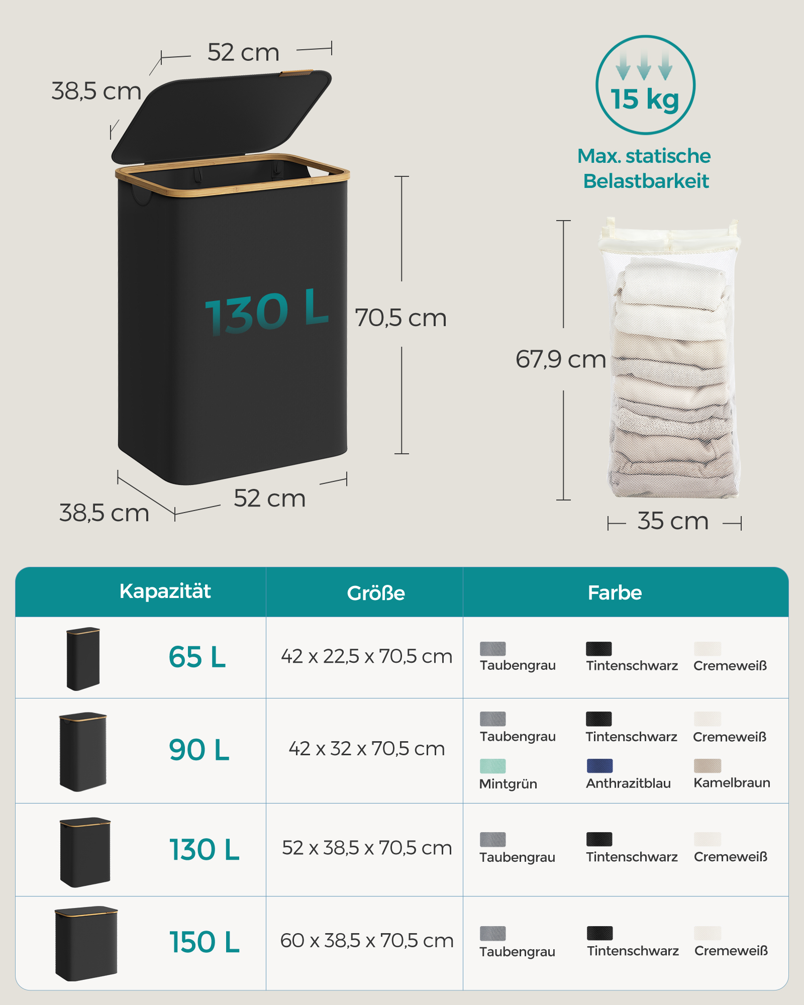 Dobbel skittentøyskurv med lokk 130 L – svart