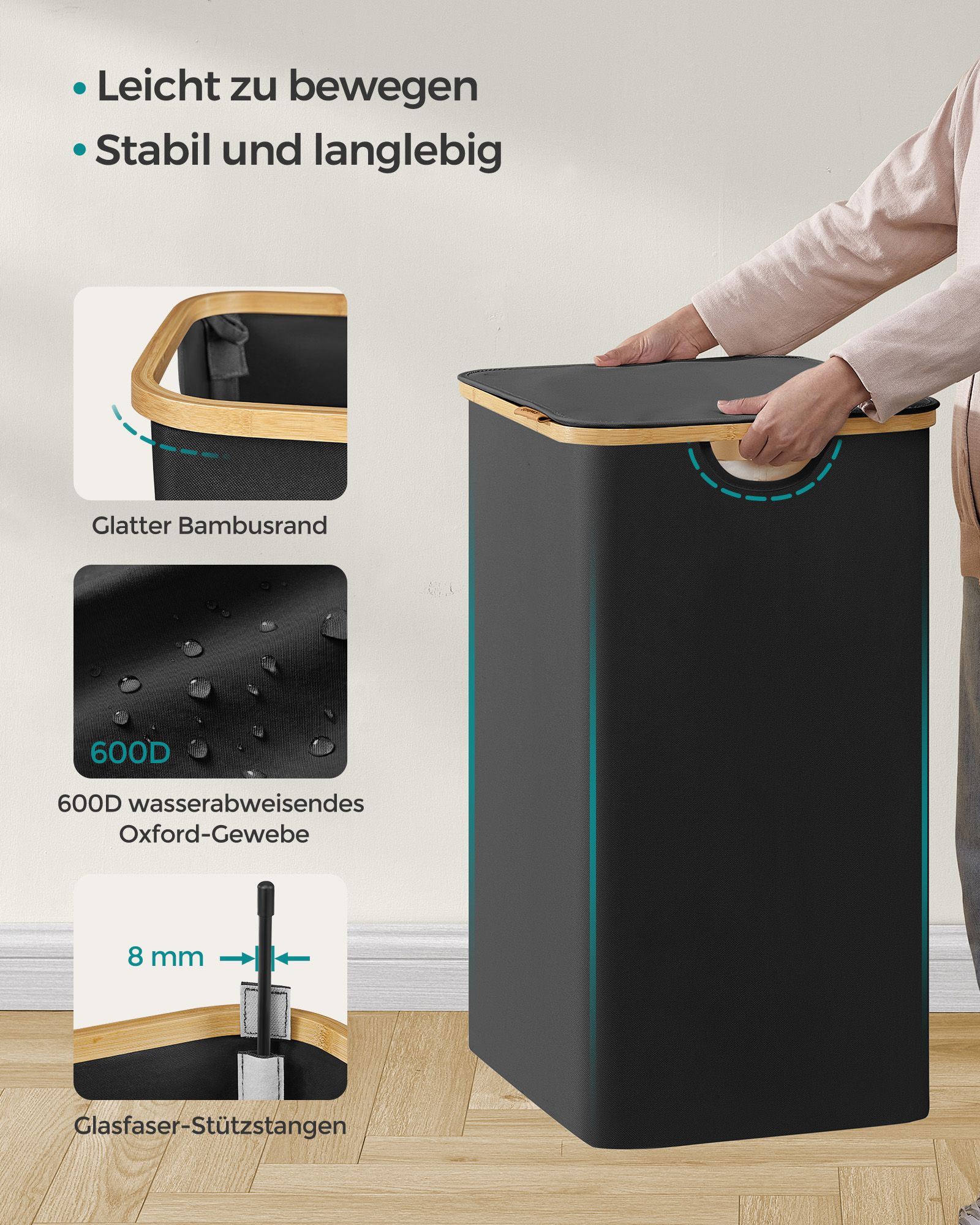 Dobbel skittentøyskurv med lokk 130 L – svart